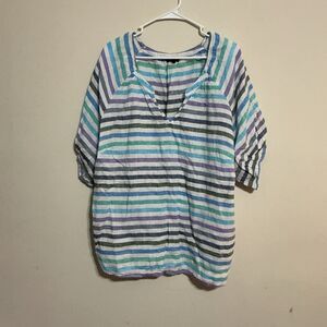 Talbots Womens PLUS Size 2X 100% Linen White Striped Blouse Top Vneck BEACH VACA